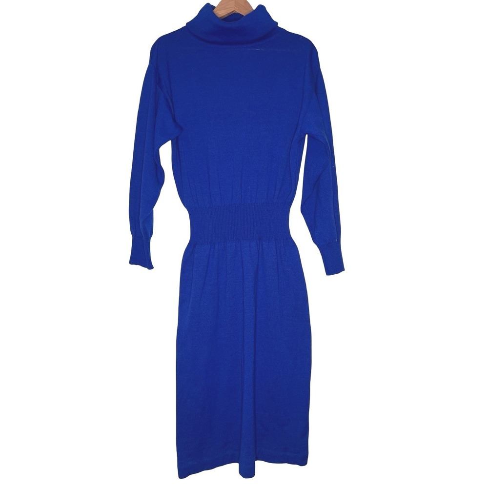 Vintage Epitome Sweater Dress Large Cobalt Blue Wool Blend Knit Retro Chic Mod